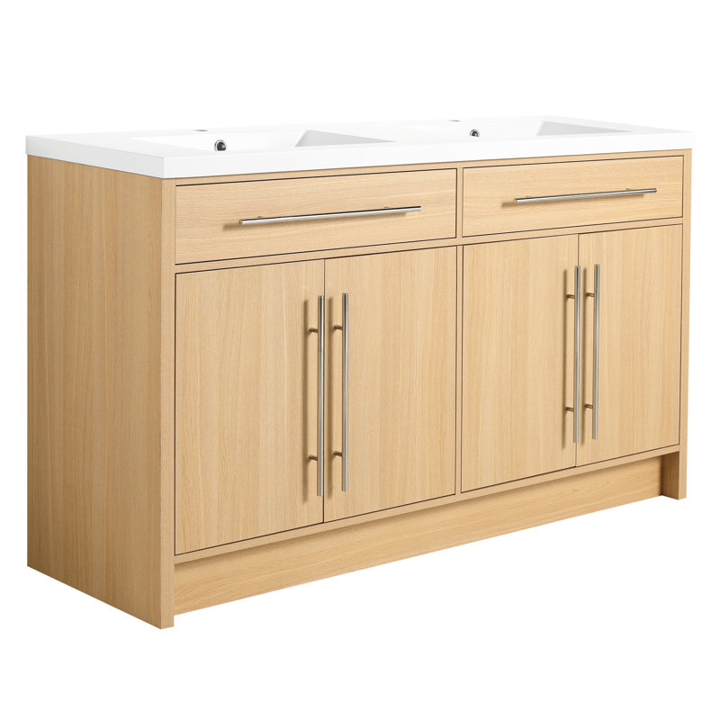 Meuble-lavabo de 60 po avec lavabo double en résine, 4 portes à fermeture douce, contreplaqué de chêne original pour un cadre élégant et confortable