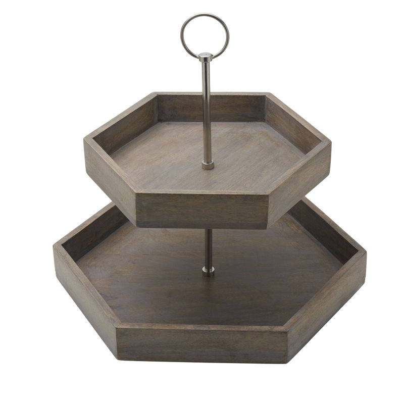 Gourmet Basics by Mikasa Hexagon 2-Tier Mango Wood Serving Tray, Gray