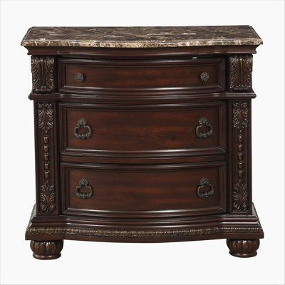 Dark Cherry Finish with Gold Tipping European Design 1pc Nightstand with Genuine Marble Top Traditional Bedroom Furniture 3-Drawers