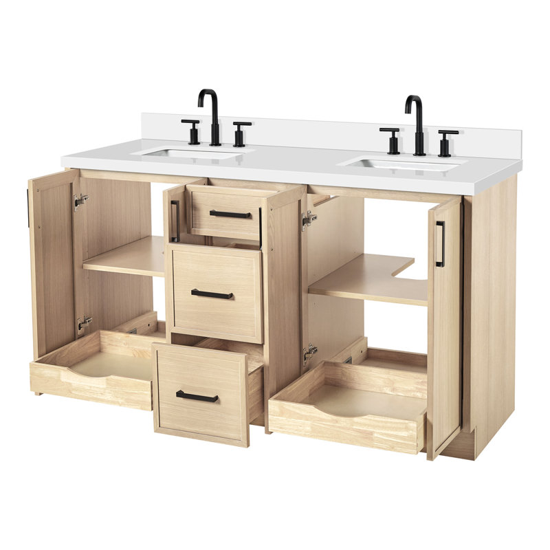 Ariel Kelly 61 Inch Double Rectangular Sink Bathroom Vanity With Pure Quartz Countertop, Oak