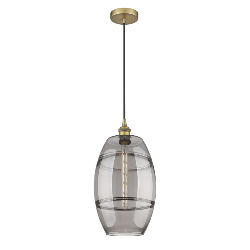 Mini-luminaire suspendu 1 lumière Edison Bettylou-616-G557, H 18,5 po x l 10 po x P 10 po, Gris fumée clair, Laiton brossé