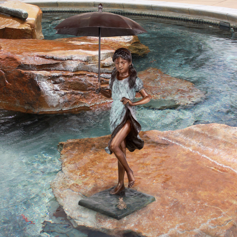 Bronze Dancing Umbrella Girl Garden Statue with Patina Finish