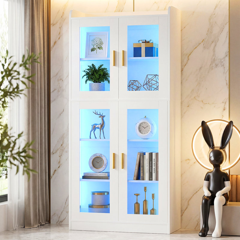 Bibliothèque de 67 po en verre, 5 tablettes de rangement à 5 niveaux avec lumières DEL, bibliothèque, Blanc