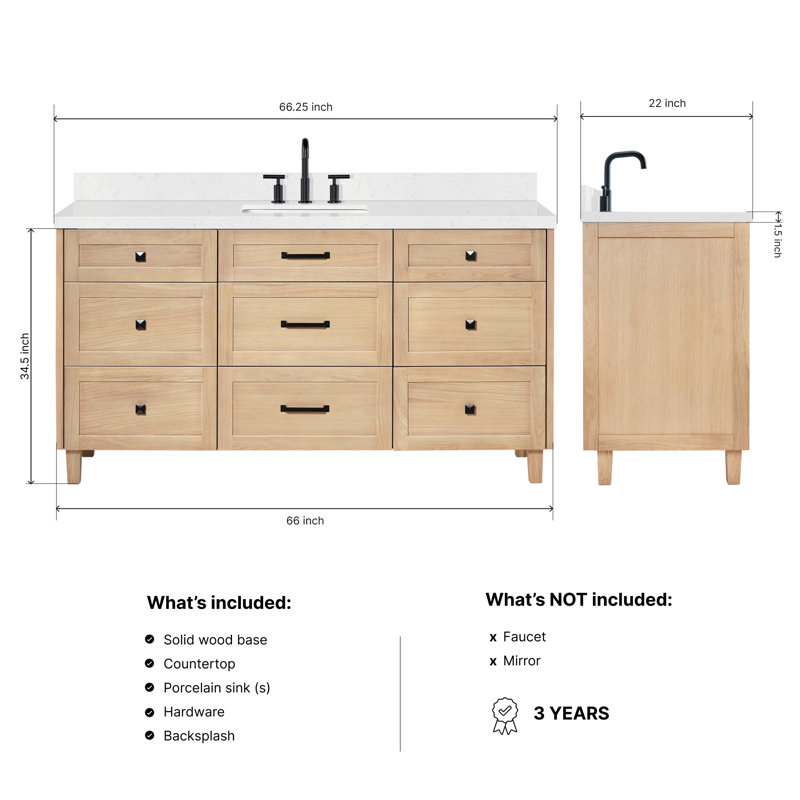 ARIEL Monroe 48 Single Sink Bathroom Vanity with Carrara Quartz Top, Oak, 66" - 67", Carrara White Quartz