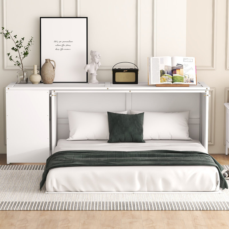 Grand lit escamotable avec bureau rotatif, blanc, Blanc