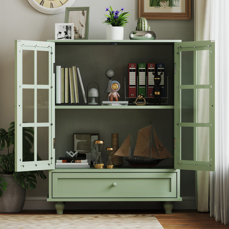 Vaisselier minimaliste avec portes en verre et tiroir double, Vert
