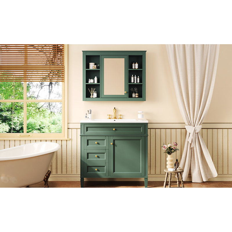 Meuble-lavabo avec miroir, 3 tiroirs et 2 portes à fermeture douce pour lavabo simple de rangement 4, Vert