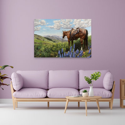 Horse In Mountain Pasture Serene Tranquil Abstract Horse Landscape Mountain Wall Art Print 1 Piece Wrapped Canvas Wall Art