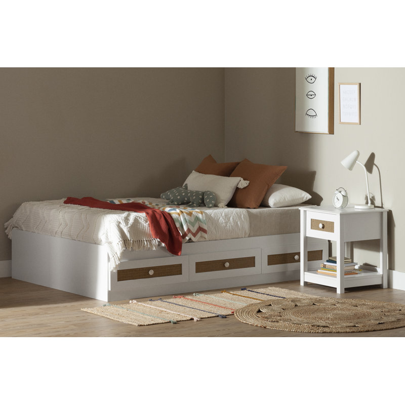 White Twin Platform Bed with Faux Rattan Drawers