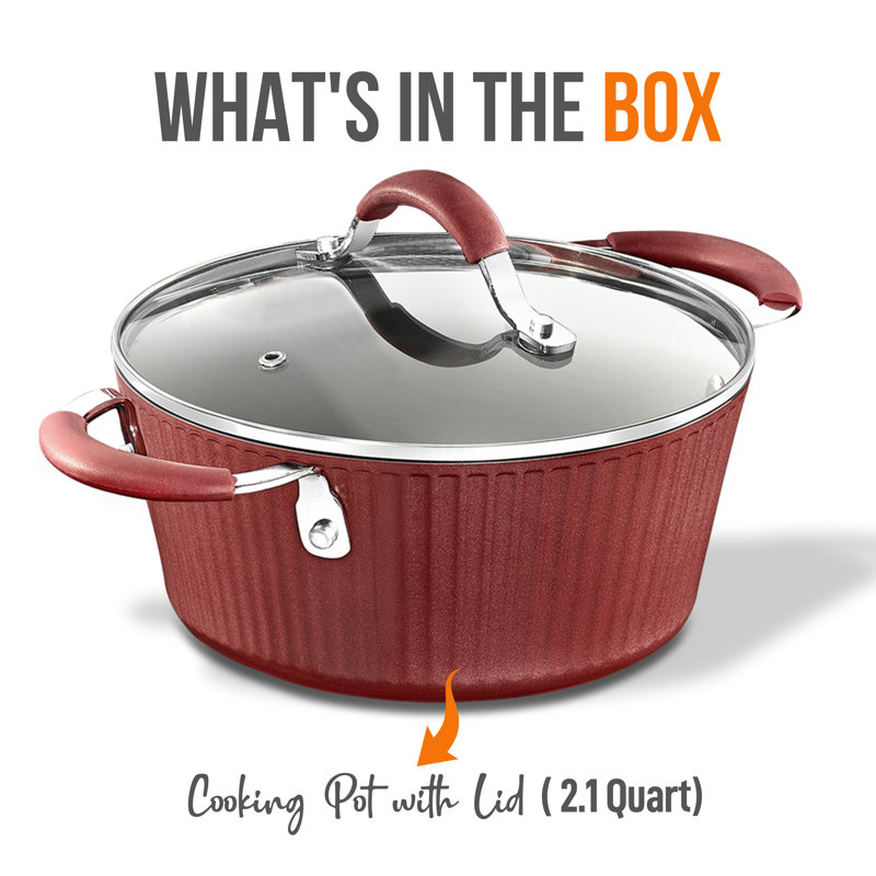 Red Lacquered Aluminum Cooking Pot with Glass Lid, 2.1 Quart