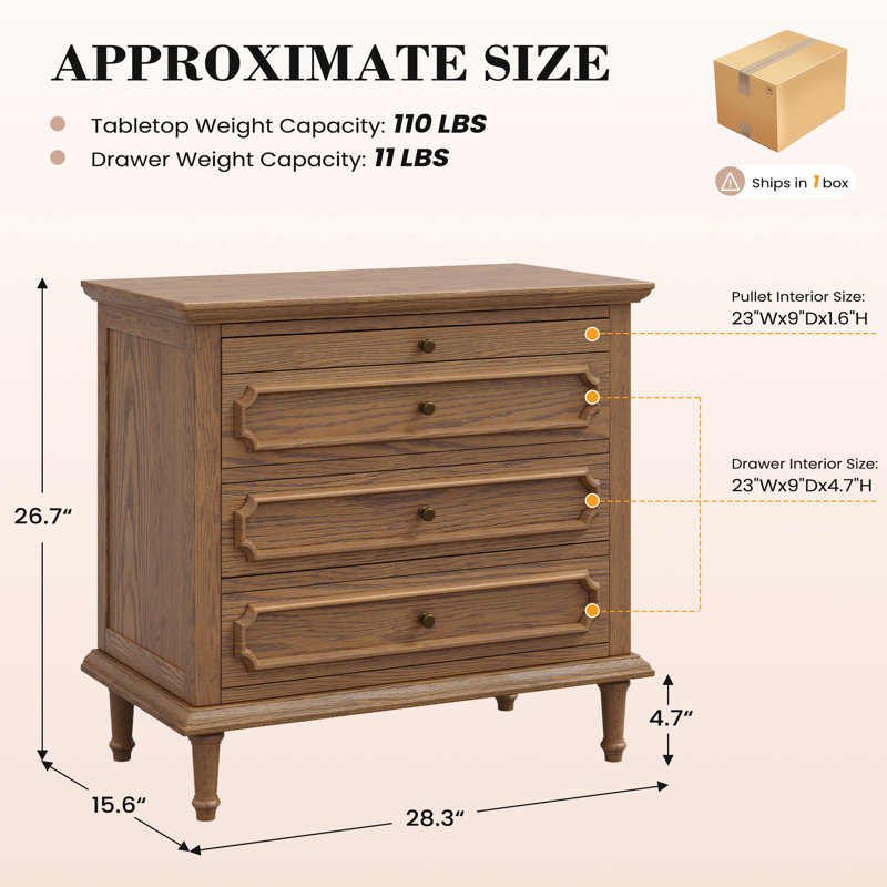 Vintage 28.3''W 3-Drawer Solid Wood Nightstand with Built-in Outlets and Pull-out Shelf, Fully Assembled, Brown