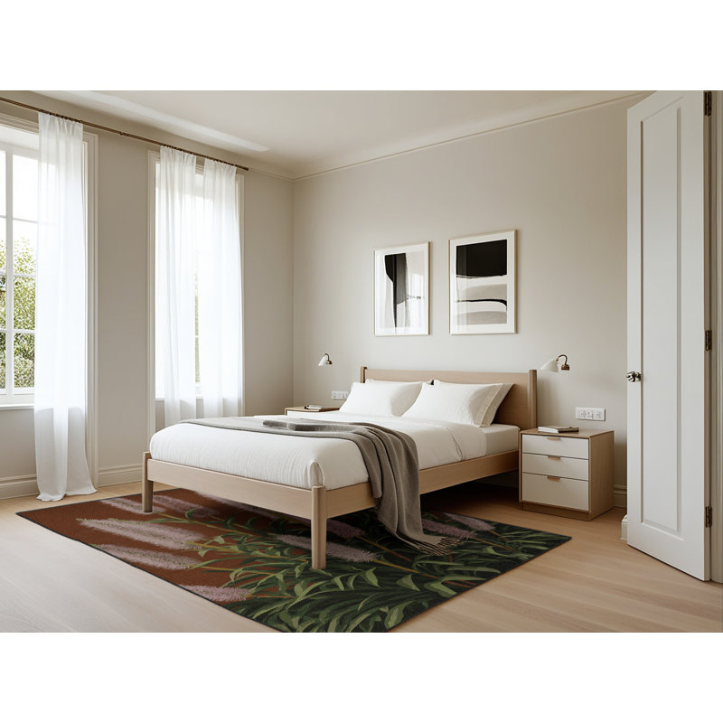 Machine Washable Botanical Brown Area Rug, Rectangle 5' x 7'