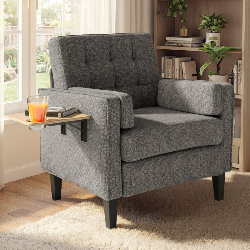 29" Wide Upholstered Solid Wood Accent Chair With Folding Side Table, Dark Gray