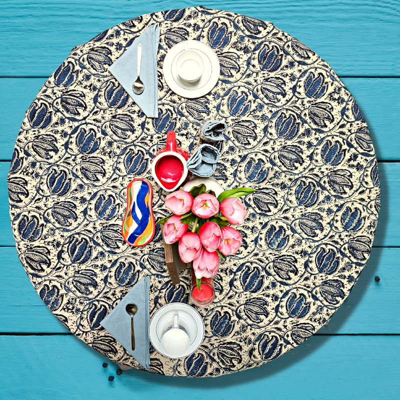Block Print Vegetable Dyed Cotton Tablecloth 72" Round Beige Blue