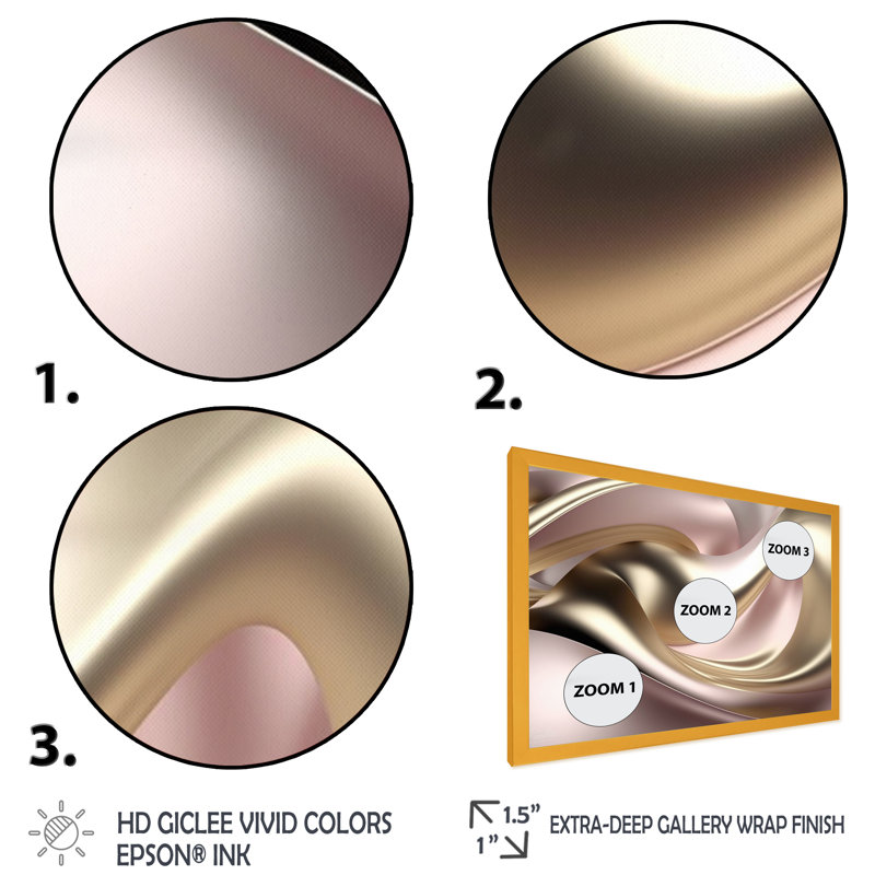 Luscious liquide or en rose discret et taupe Ix 3, L 40 po x H 30 po, Encadrement doré