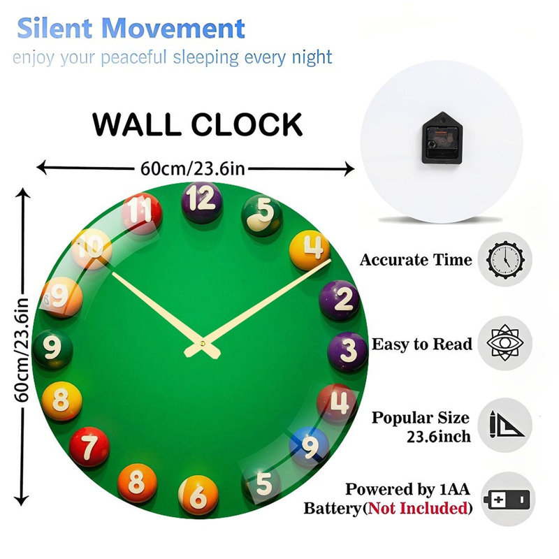 Jeu de boules de billard d'extérieur de qualité supérieure pour art de jeu - Horloge murale moderne en verre 24 po