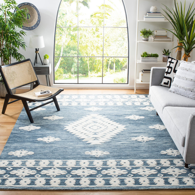 Tapis en laine / coton touffeté à la main en ivoire / bleu marine, Rectangle 8 pi x 10 pi