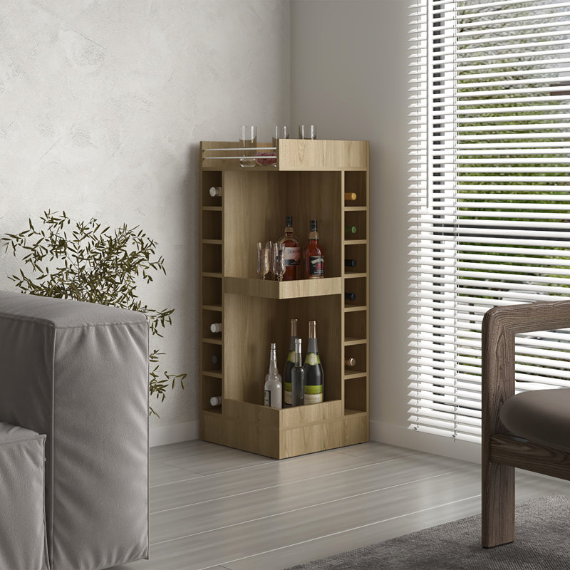 Armoire de bar moderne en chêne de 46 po de hauteur - 14 bouteilles de vin et unité de rangement fonctionnelle 3 coins pour bouteilles de maison efficaces