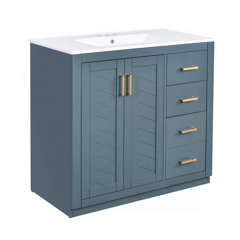Ensemble de meuble-lavabo 36 po avec lavabo en céramique, armoire de rangement en bois massif, ensemble de meuble-lavabo autoportant avec 3 tiroirs et portes à fermeture douce