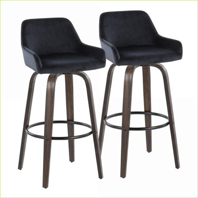 Ensemble de 2 chaises de bar pivotantes à hauteur fixe pour adultes 30 po, bois de noyer brun, repose-pieds en velours noir et métal