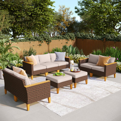All Weather Wicker/Rattan 9 - Person Seating Group with Cushions