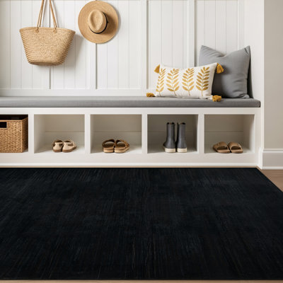Solid Heathered Black Machine Washable Non-Slip Backing Area Rug