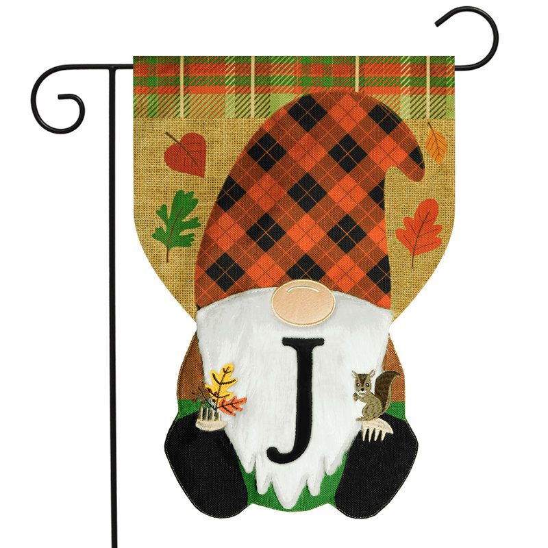 Fall Gnome Burlap Monogram Letter J Garden Flag