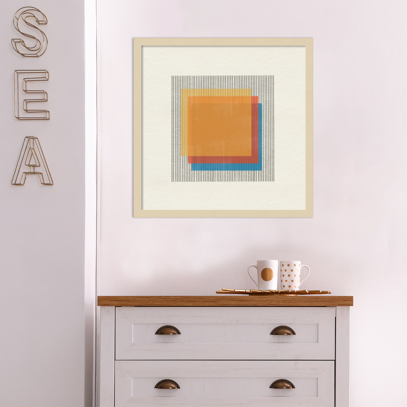 Midcentury Modern Squares No 1 Print, Brown Framed, 21" H x 21" W x 1" D