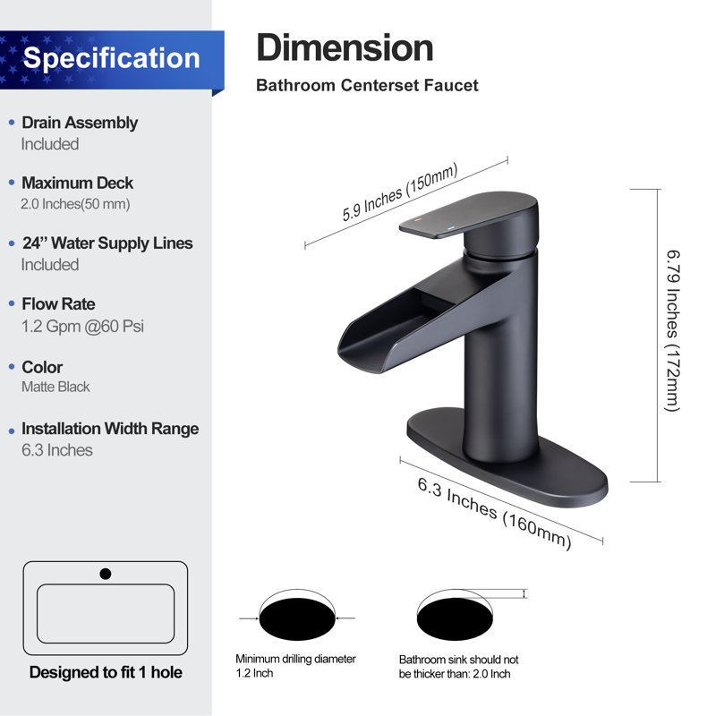 Single Hole Bathroom Faucet with Drain Assembly, Matte Black