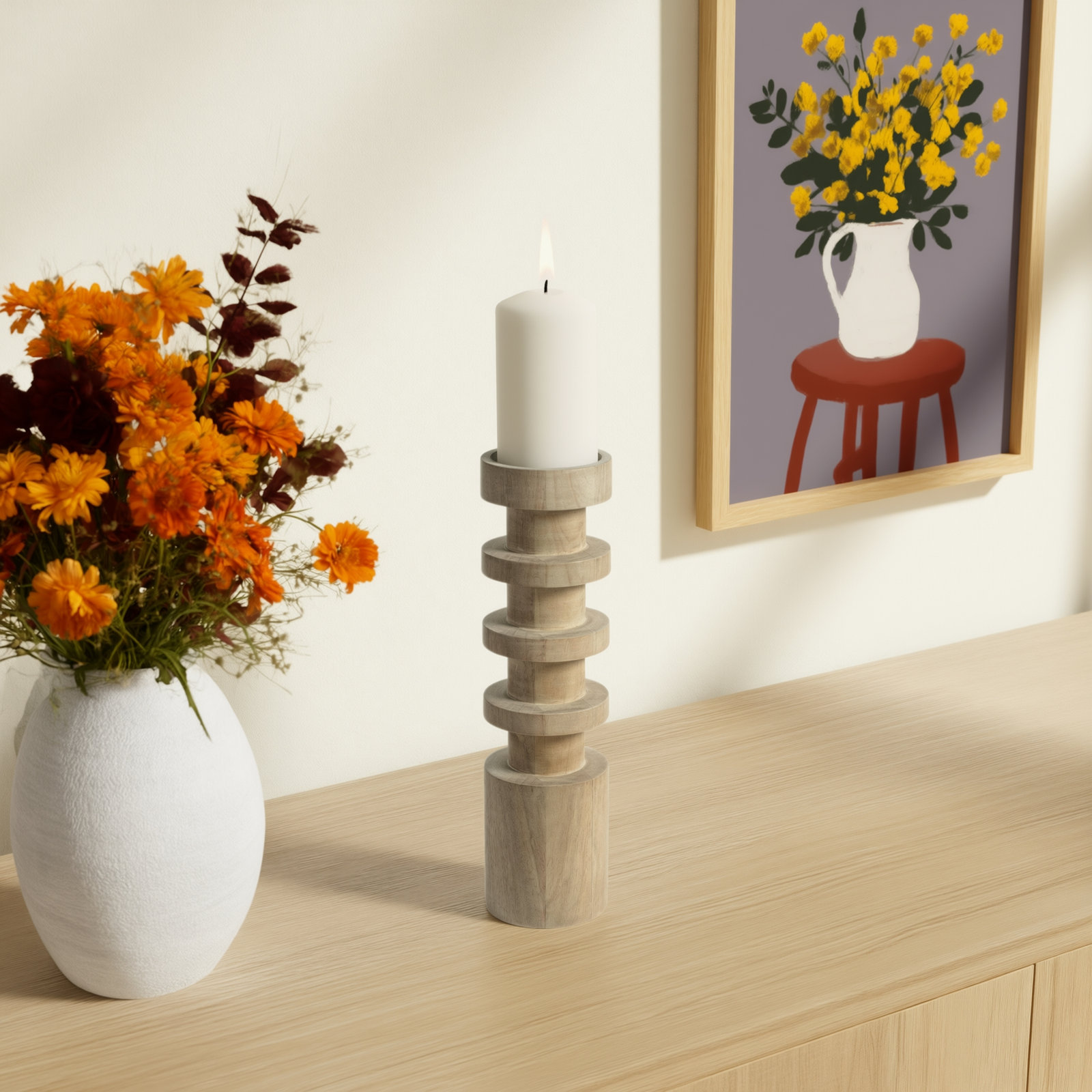 Mango Wood Pillar Holder, 15" H x 4.5" W x 4.5" D