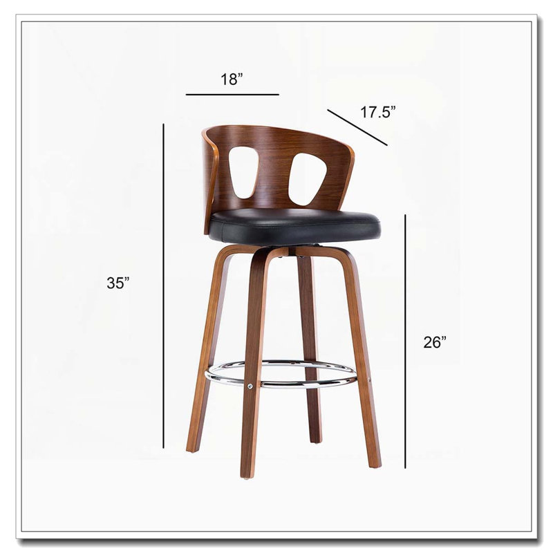 Tabouret de bar pivotant moderne Mid-Century - Dossier en placage de noyer - Siège en similicuir
