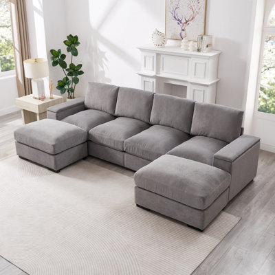Sectional Sofa Deep Seat Sofa Couch With Ottomans, Corduroy Sofa Sleeper Comfy Upholstered Furniture For Living Room, Apartment, Office, (4-Seat & 2-Ottoman,GRAY)