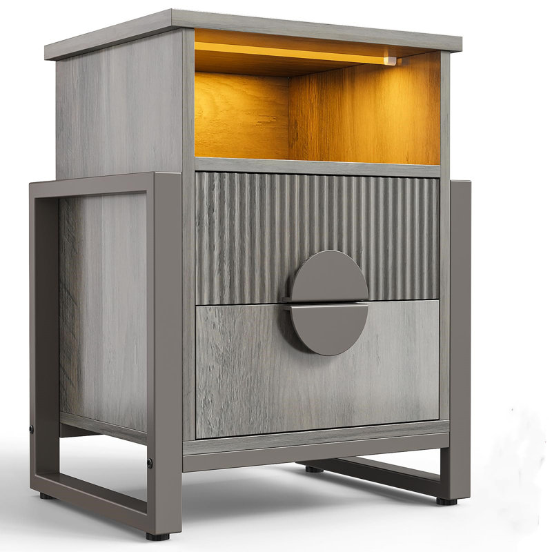 Wrought Studio™ 23.4'' Tall 2 -drawer Nightstand With Charging Station And Led Lights, Accent Bed Side Table And End Table With Open Storage