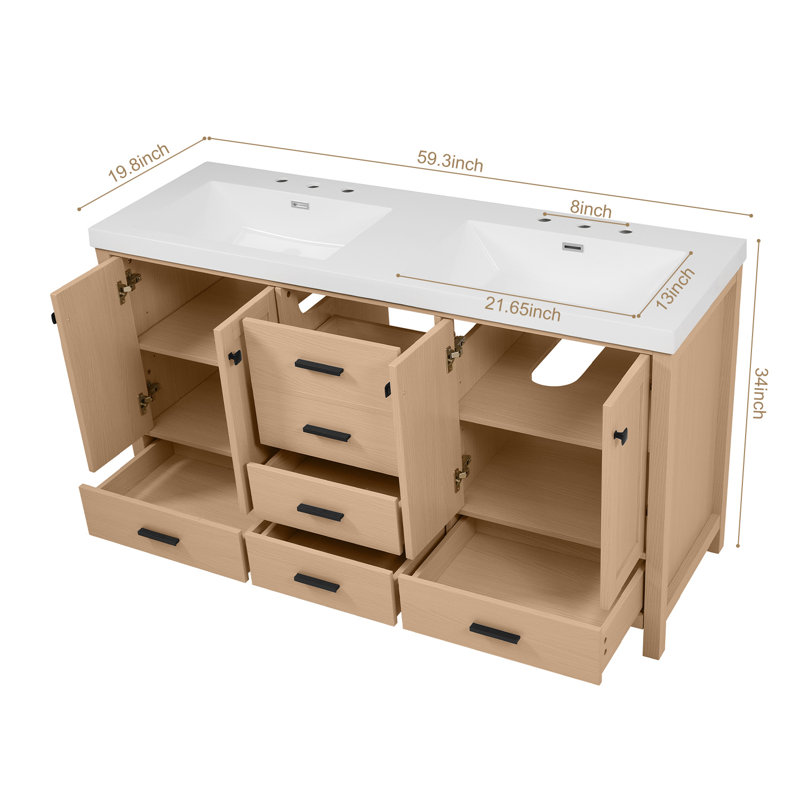 59.3" Double Bathroom Vanity With Solid Wood Frame & Smc Sink