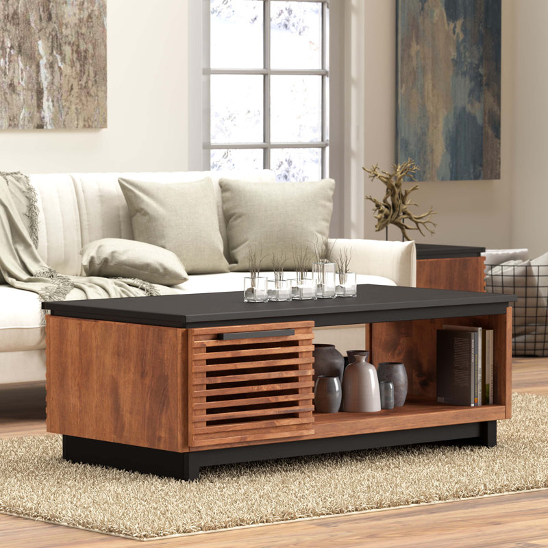 Table basse de rangement moderne de 47 po Liddel, entièrement assemblée, bourbon avec finition noire