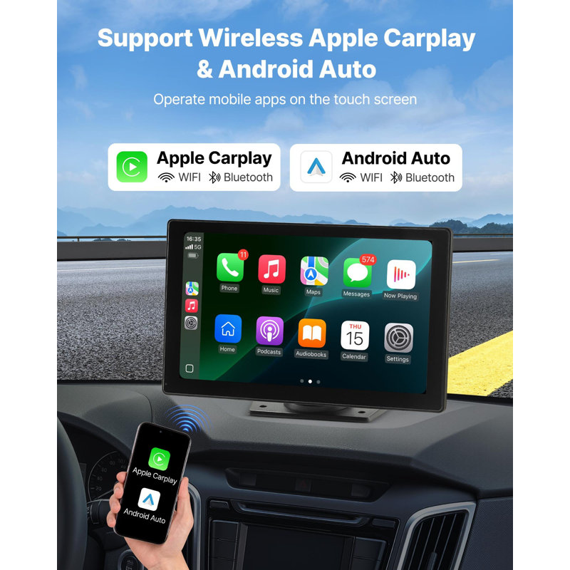 Stéréo sans fil pour voiture, écran tactile HD portatif de 9 pouces avec Apple Carplay et Android Auto, écran Carplay avec caméra frontale et de secours, commande vocale, liaison miroir, Bluetooth, navigation GPS
