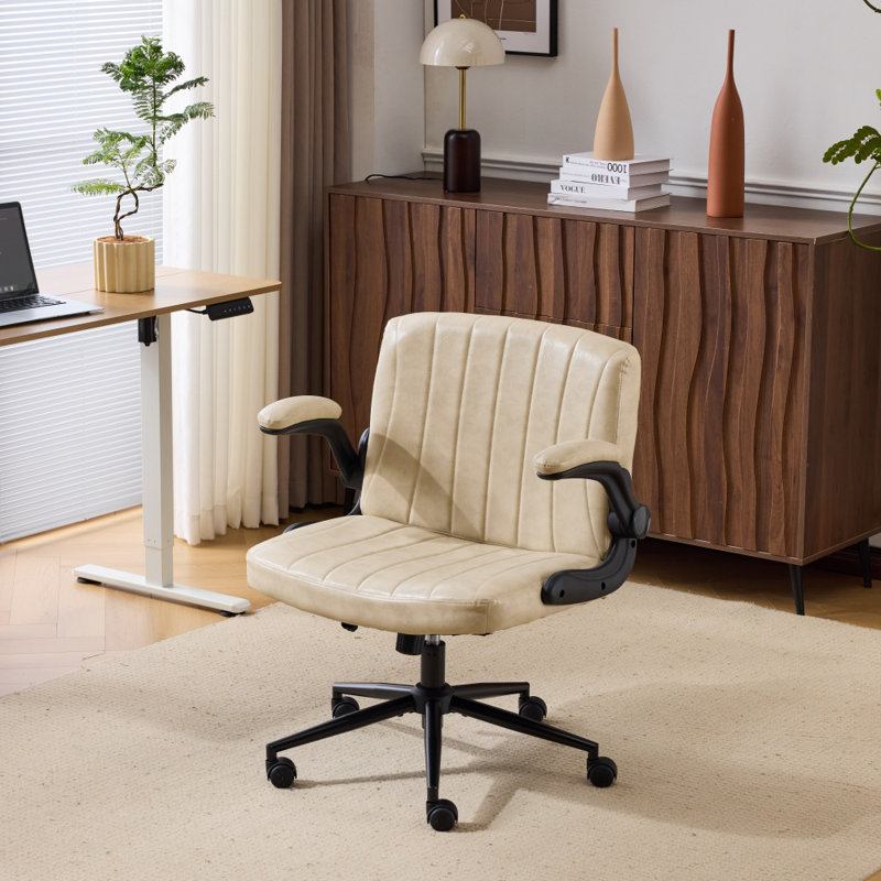 Oil-Waxed Leather Swivel Chair With Flip-Up Armrests, Ivory