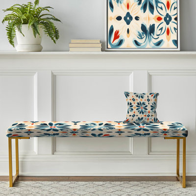 Beige And Blue Moroccan Damask Intrigue - Geometric Upholstered Gold Bench