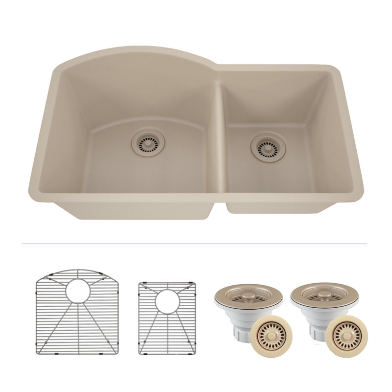 32" x 20" Quartz Kitchen Sink, 70/30 Double Bowl Sink, Drop-in Sink, Undermount Sink, Granite Kitchen Sink, with 2 Steel Grids and Basket Strainer, Disposal Flange