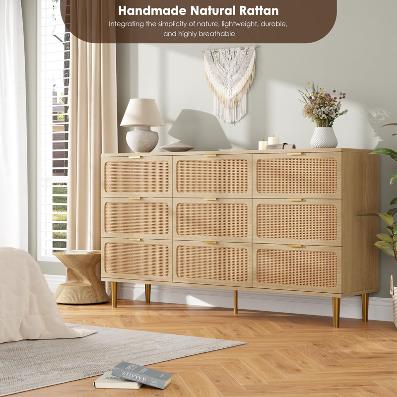 Grande commode à 9 tiroirs en rotin avec rangement moderne pour AB Natural