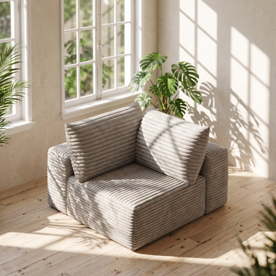 Canapé d'angle modulaire en tissu velours côtelé, orientation gauche, dimensions : 102 cm (L) x 102 cm (P) x 62 cm (H).