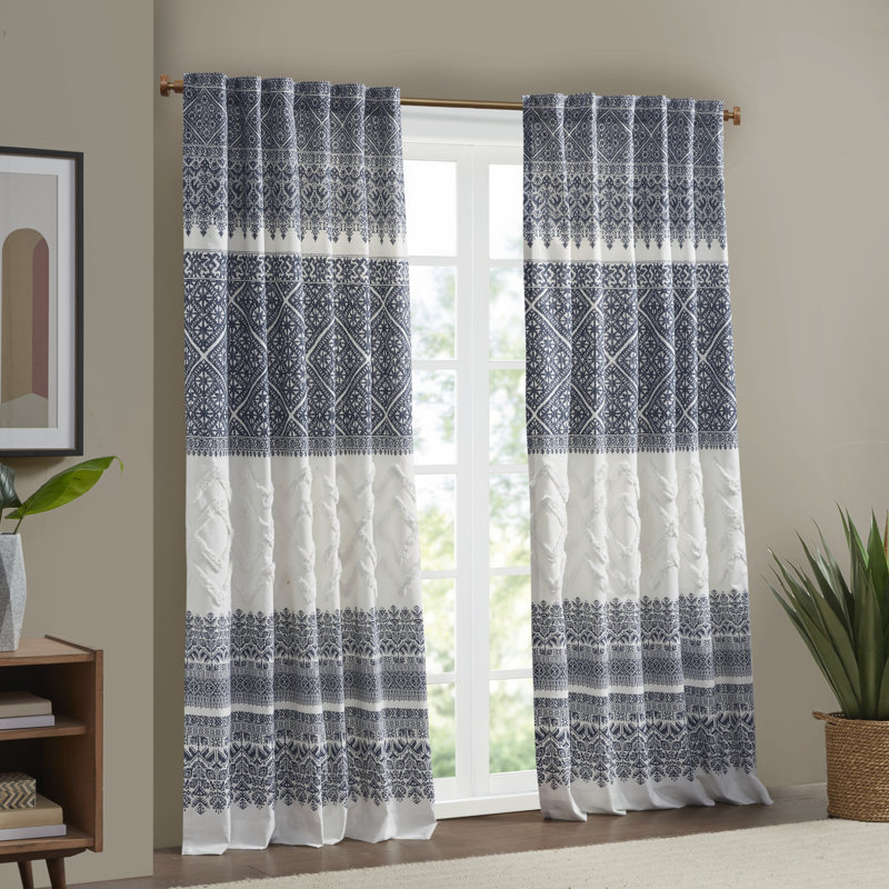 Navy and White Cotton Boho Chenille Curtain Panel