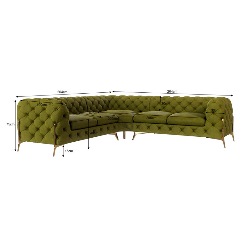 Chesterfield Corner Sofa L-Shape  with Gold Metal Legs, Olive