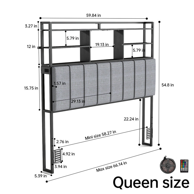 Upholstered Headboard for Queen Size Bed with 3 Tier Shelves,LED Lights and Charging Station,Height-Adjustable Headboard with Soft Backrest,Grey