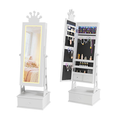 Armoire à bijoux pour enfants, miroir pleine grandeur, 3 tiroirs de rangement, organisateur de coiffeuse, blanc