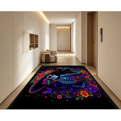 Gothic Skeleton Floral Art Area Rug, Day of the Dead Inspired Design, Vibrant Skull Print, Non‑Slip Floor Mat, Indoor Home Decor for Living Room, Bedroom, Apartment, Dormitory, Study