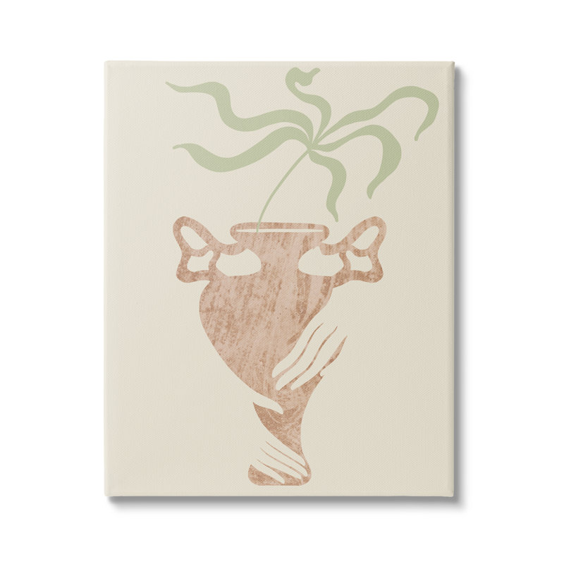Mains tenant un vase brun avec motif de plantes botaniques, L 36 po x H 36 po, Toile tendue