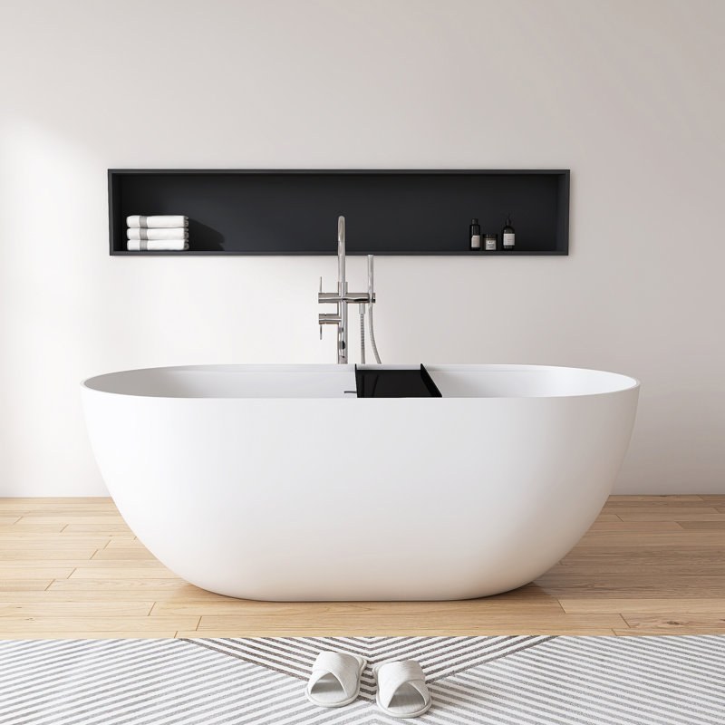 59" x 30" Freestanding Tub Solid Surface Soaking Bathtub With Storage Rack, Black