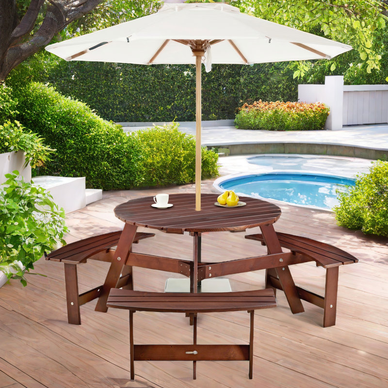 Ethyle Outdoor 6-person Dining Sets With 3 Built-in Benches And Umbrella Hole, Brown