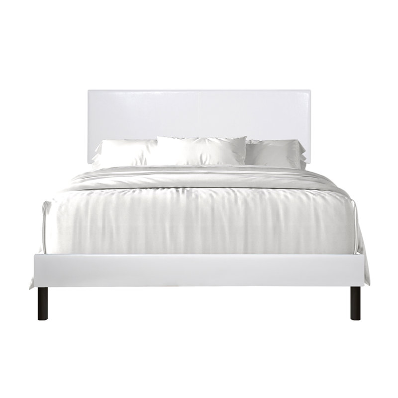 Modern PU Platform Bed Frame with Headboard, Natural Wood Slat Base Support, No Box Spring Needed, Sturdy Quiet Construction, Minimalist Contemporary Bedroom Furniture, Easy Assembly